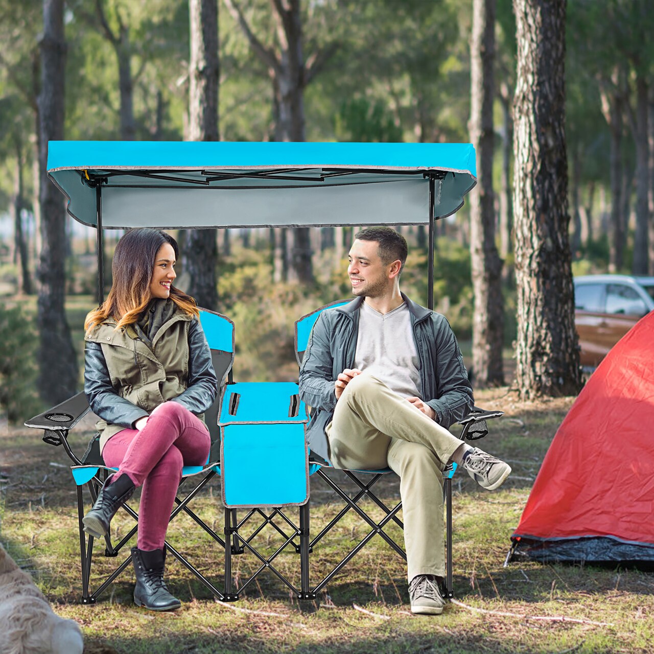 Goplus Portable Folding Camping Canopy Chairs w/ Cup Holder Cooler Outdoor Red\Blue\Turquoise